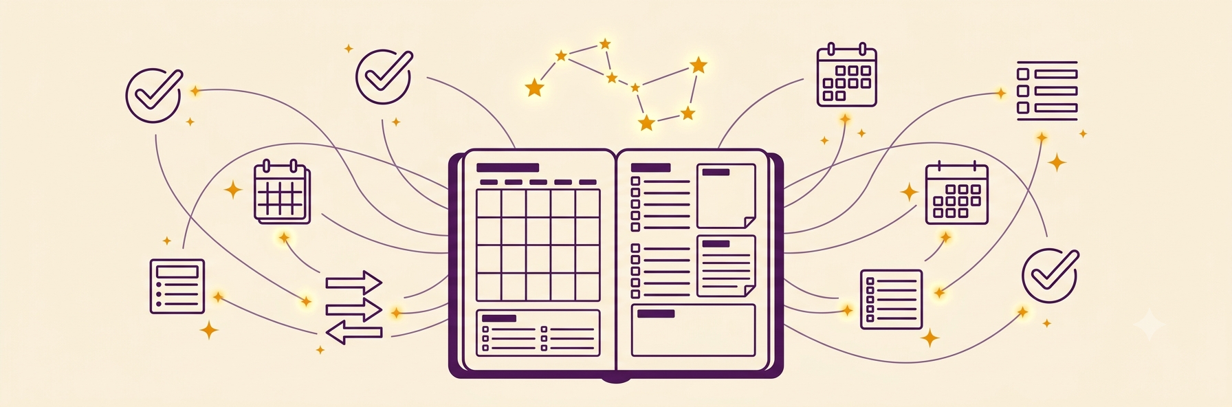 An open planner connected to calendars and checklists by a constellation of stars